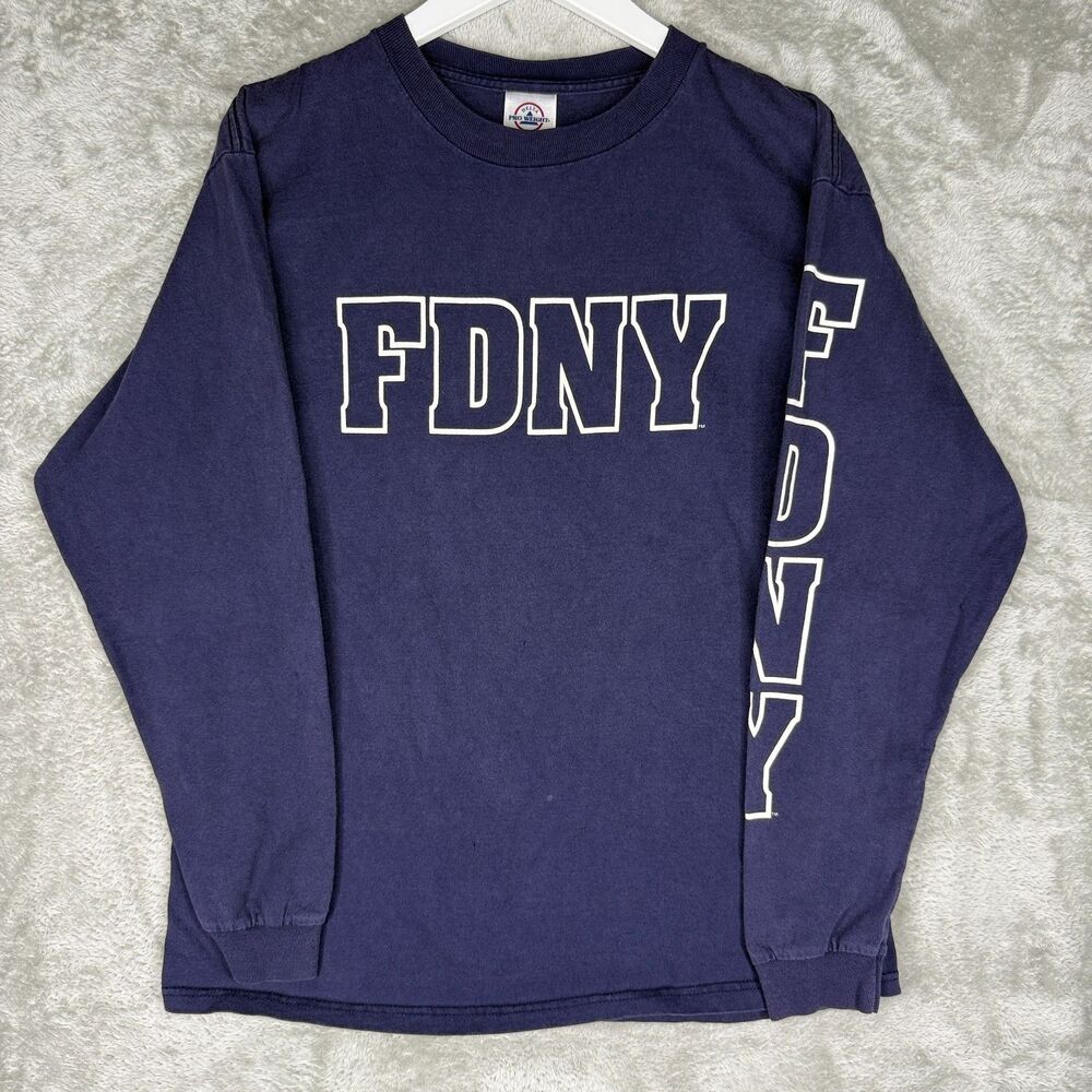 Vtg FDNY T-Shirt Mens Large Long Sleeve Hit Fire Dept New York Cotton Tee Delta